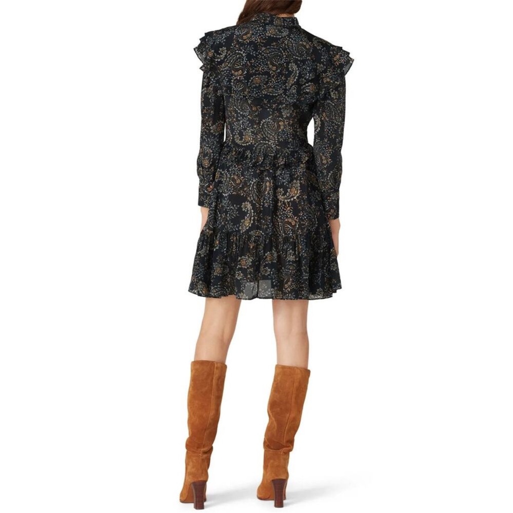 Nicholas Elsie Black Paisley Ruffle A-Line Long Sleeve Boho Mini Dress NWT - Picture 2 of 12